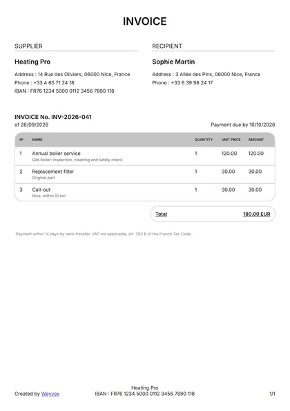 Invoice INV-2026-041 for 180.00 EUR