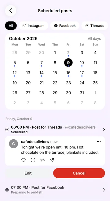 Scheduled posts by day, with a calendar and a network filter