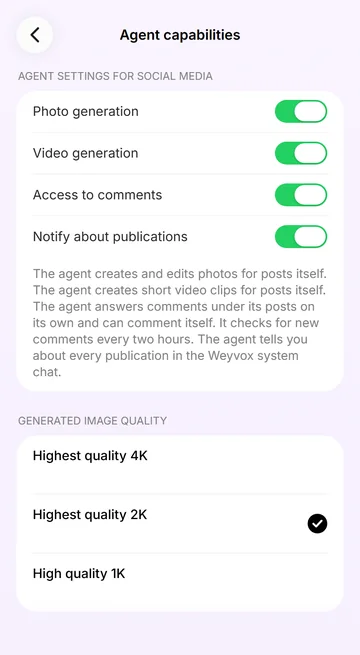 Choose what Alice does: photos, videos, comments, image quality