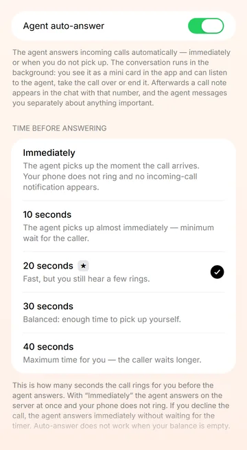 Choose when Cindy answers: immediately or after 10–40 seconds