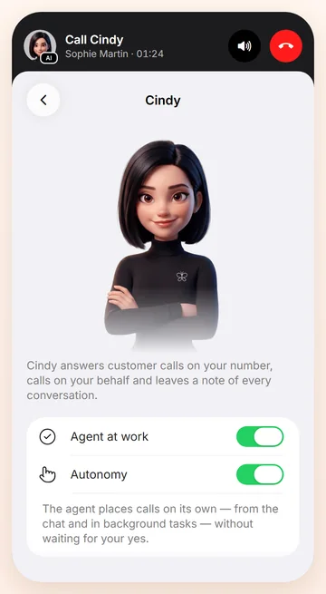 Cindy’s live call stays on top of the app: listen in or end it