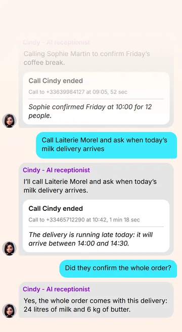 The call result lands in the chat, and you can ask follow-ups