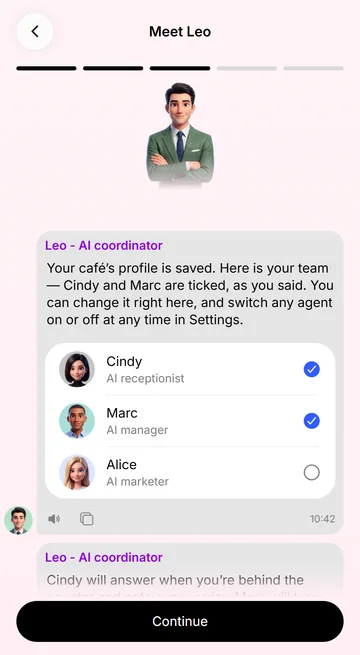 At sign-up, Leo suggests the team and you tick the agents you need
