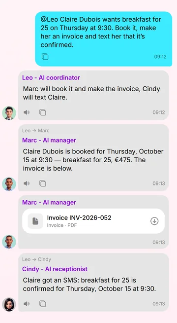 One request, three agents: Leo hands parts to Marc and Cindy