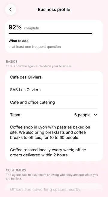 Leo keeps your business profile filled in from what you tell him