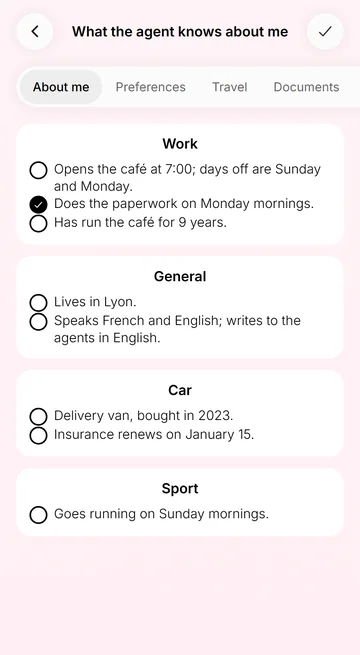 See what Leo remembers about you, by category, and delete any fact