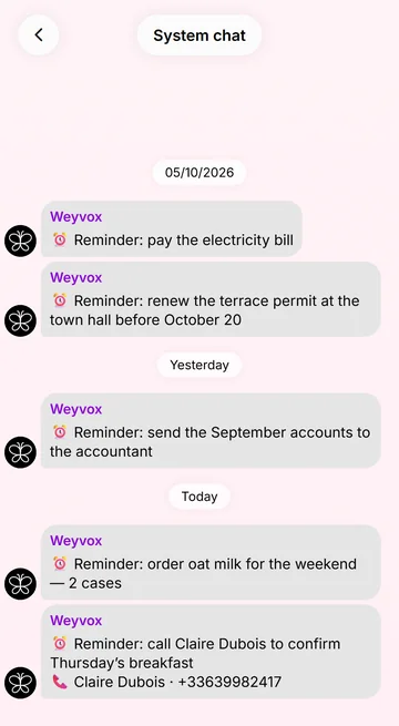 Reminders arrive as a notification and a message from Weyvox