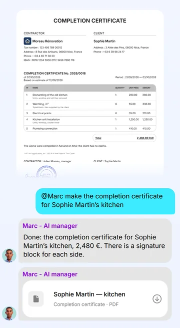 Ask in the chat — Marc sends a real PDF completion certificate