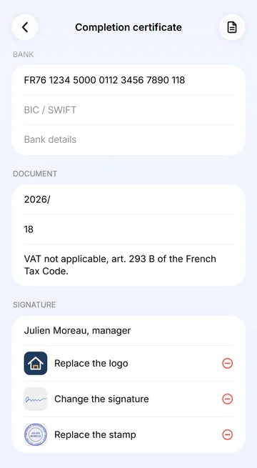 PDF templates keep your details, numbering, logo, signature, stamp