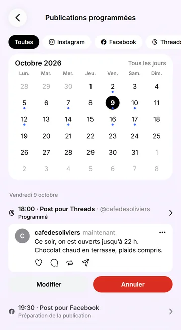 Publications programmées par jour, avec calendrier et filtre