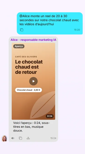 Un reel monté à partir de vos vidéos, aperçu dans le chat