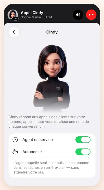 L’appel de Cindy reste visible en haut : écoutez ou raccrochez