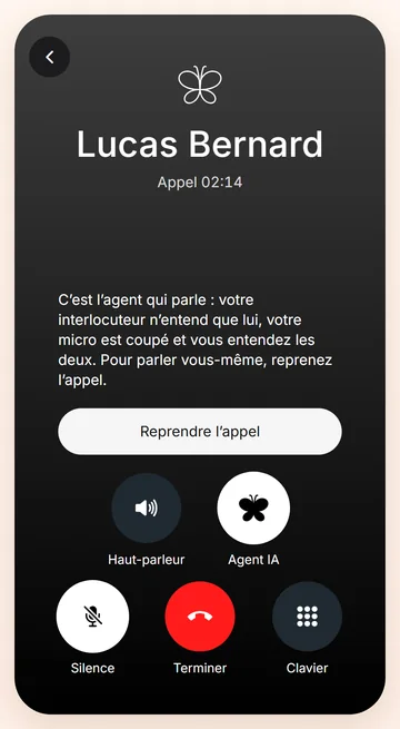Avec « Agent IA », Cindy parle ; reprenez l’appel à tout moment