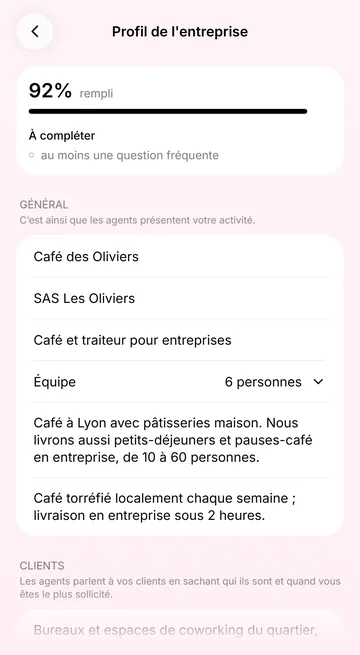 Leo tient le profil de l’entreprise à partir de ce que vous dites