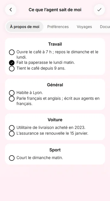 Ce que Leo retient de vous, par catégorie — chaque fait se supprime