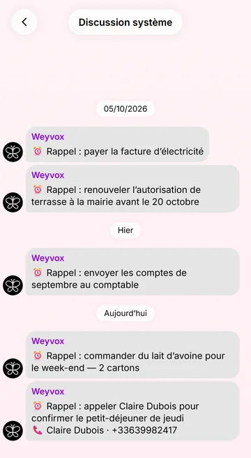Les rappels arrivent en notification et en message de Weyvox