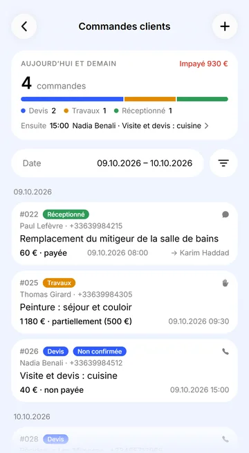 Les commandes du jour : étapes, paiements et non confirmées