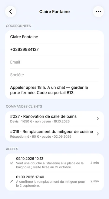 La fiche client : coordonnées, note pour les agents, commandes, appels