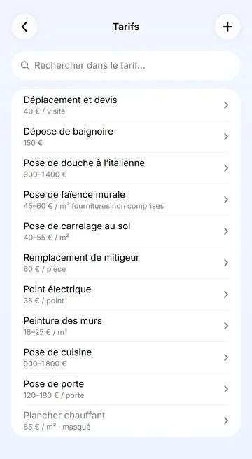 Vos tarifs : prix, fourchettes et unités cités par les agents