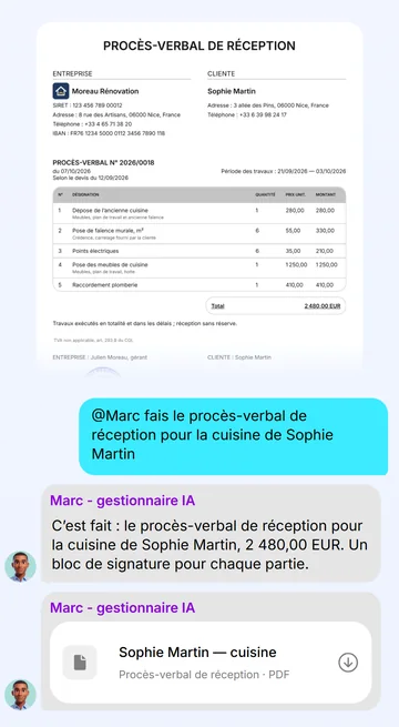 Demandez dans le chat : Marc envoie le procès-verbal en PDF