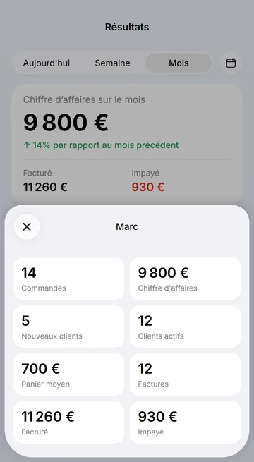 Chiffre d’affaires, commandes et panier moyen vs le mois précédent