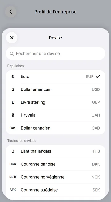 Une seule devise pour l’entreprise, au choix parmi 41