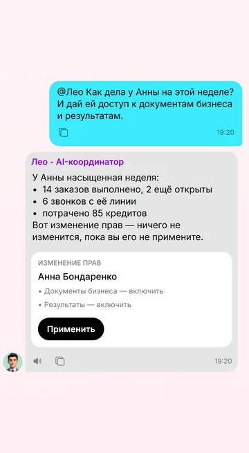Лео расскажет, как дела у сотрудника, и предложит изменить права
