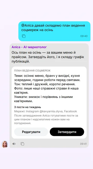 План ведення соцмереж — у чаті, діє після «Затвердити»